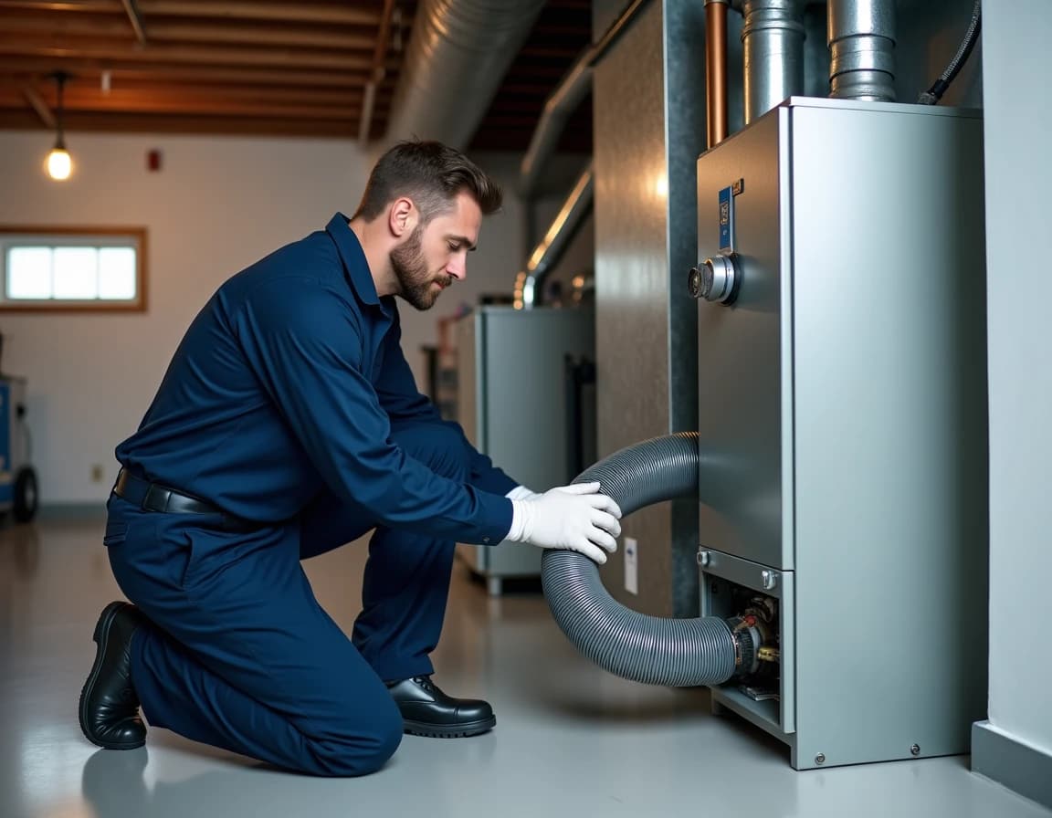 Certified technician connecting negative pressure duct cleaning equipment to a home HVAC system
